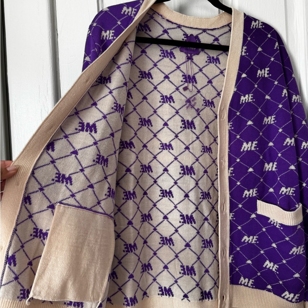 Purple and Cream Logo Cardigan Sweater NWT